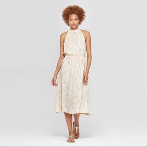 Women Halter Neck Shirred Midi Dress Cream